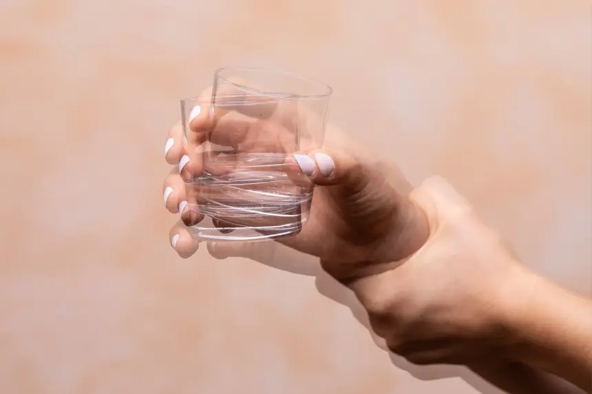 Uma mão tremula segurando um copo de agua transparente