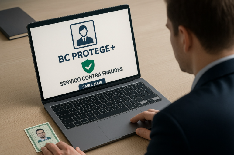 Homem em frente a um notebook ligado sobre Uma mesa. Na tela do PC há uma imagem onde se lê "BC PROTEGE + SERVIÇO CONTRA FRAUDES".