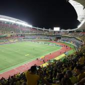 Imagem Mangueirão em setembro de 2023, recebendo a seleção brasileira de futebol. Imagem da torcida em verde e amareo no estádio paraense